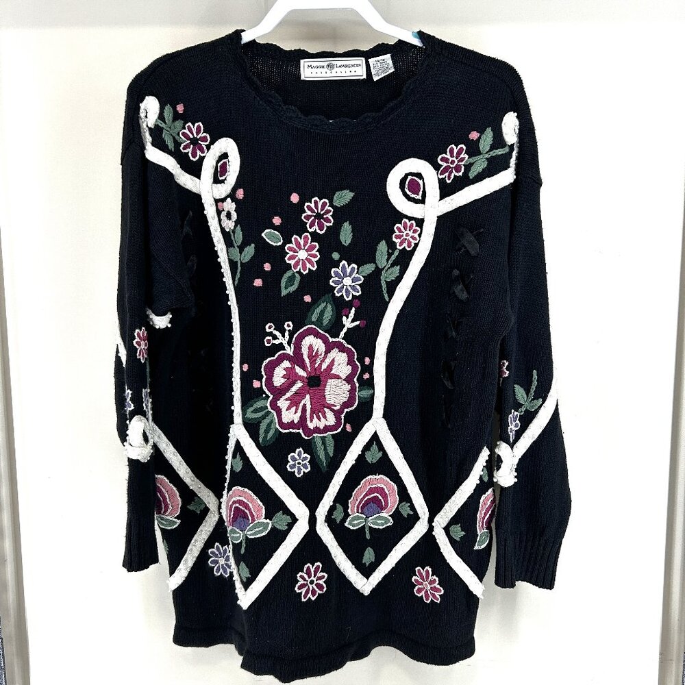Vtg MaggieLawrence Floral embroidered embellished beaded laced sweater Sz 14/16